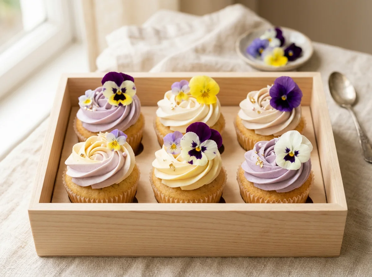 Cupcakes in a box finished with edible pansies