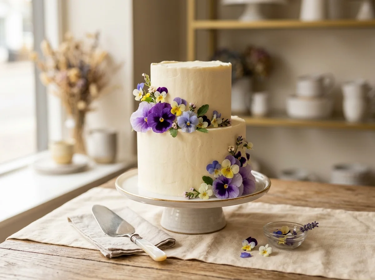 Minimal cake finished with edible pansies and violas