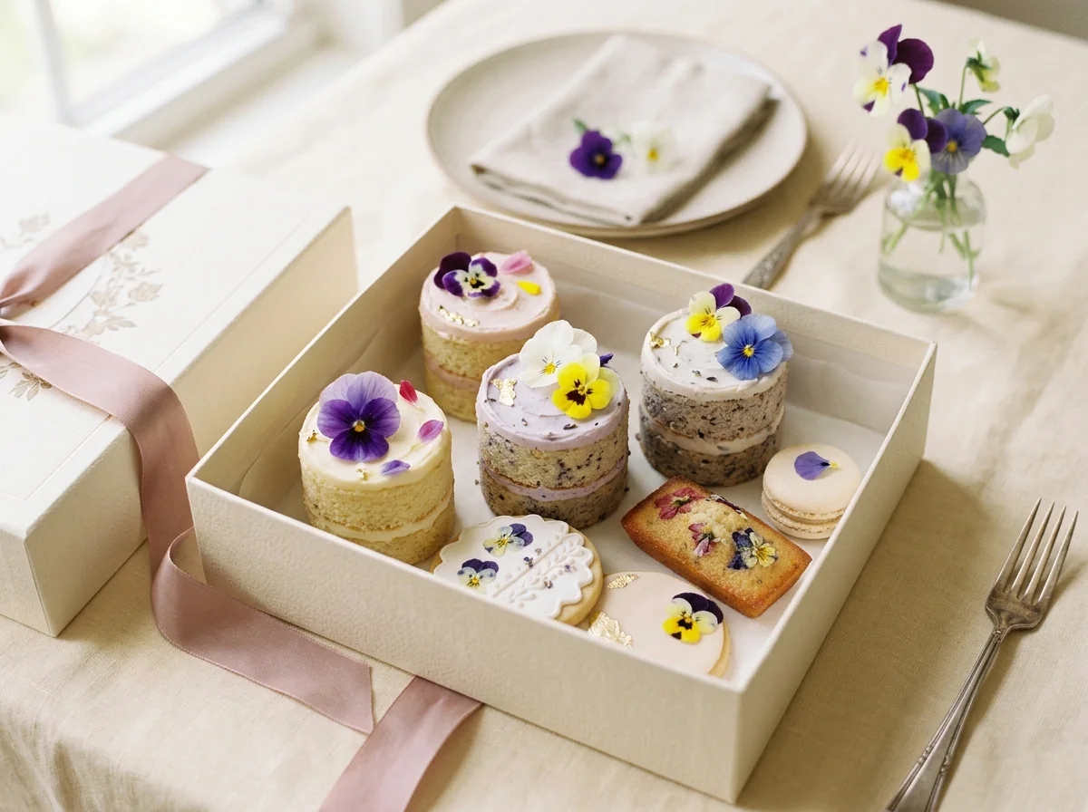 Mini cakes and cookies in a premium dessert box with edible flowers