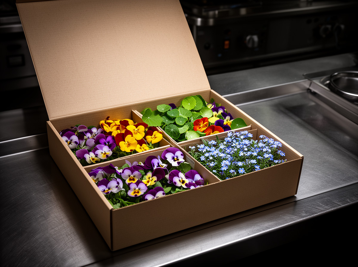 A chef-ready box of edible flowers in varied colors