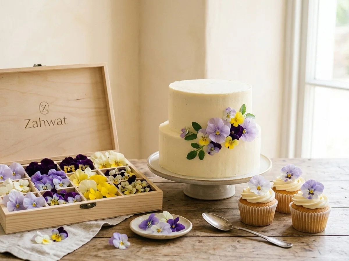 Curated edible flower reservation box beside cake