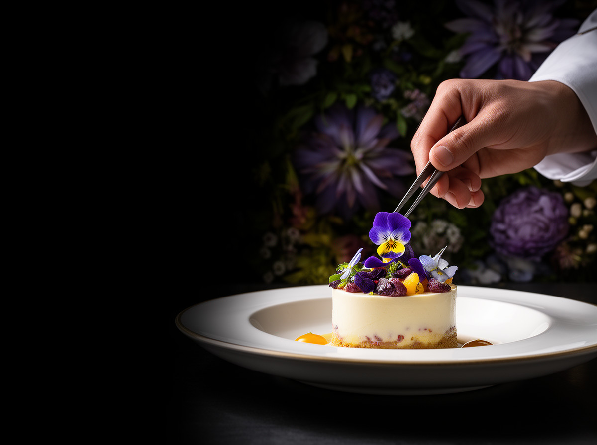 Restrained plated dish finished with edible flowers