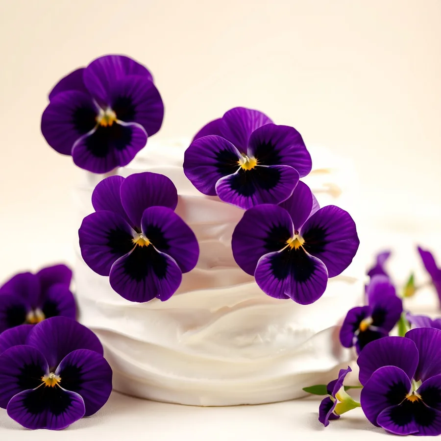 Blue and lavender-blue edible pansies for rare high-value cake visuals