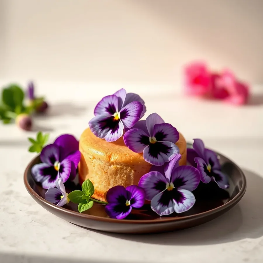 Burgundy wine edible pansies paired with chocolate and fine dining dessert