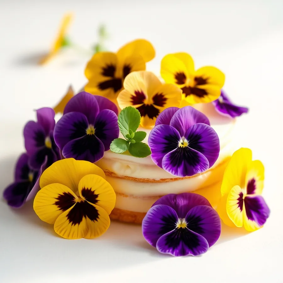 Near-black deep purple edible pansies for dramatic fine dining desserts