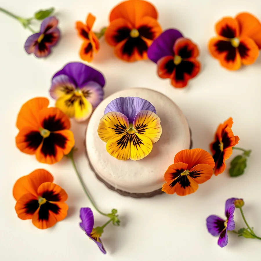 Orange sunset edible pansies with warm chocolate and autumn dessert styling