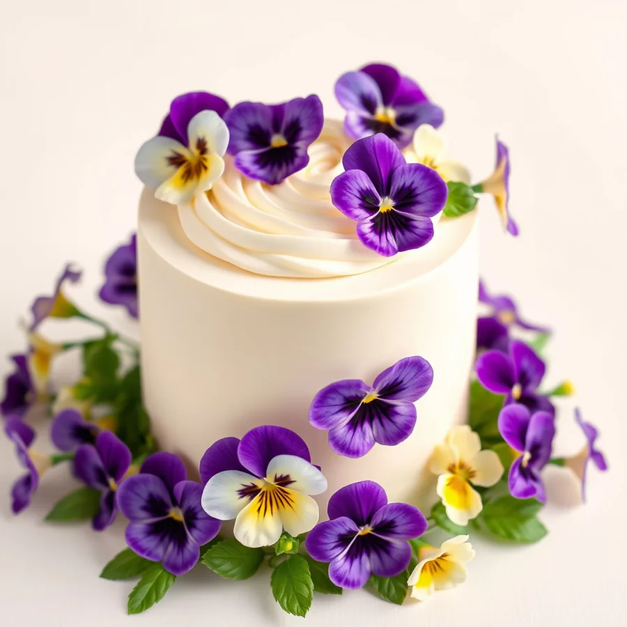 White and cream edible pansies around a clean luxury wedding dessert