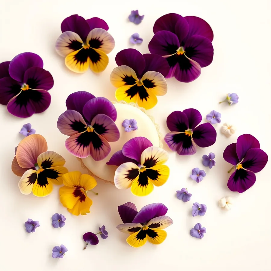 White edible pansies with purple face markings for elegant contrast