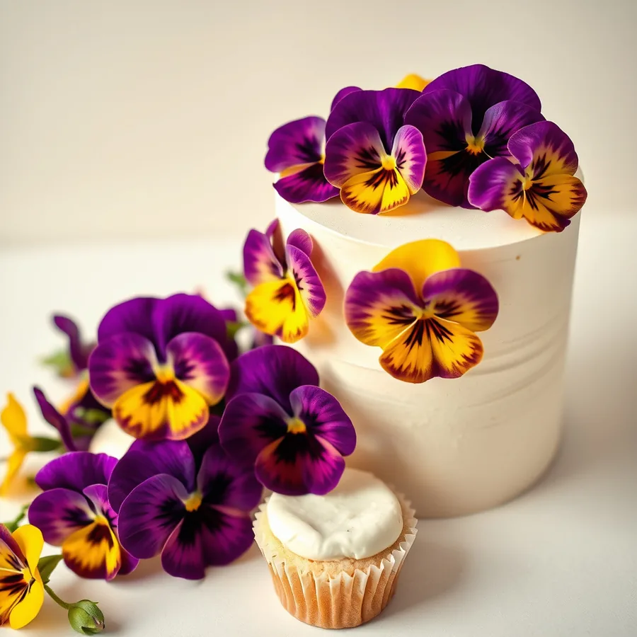 Yellow and gold edible pansies for citrus pastry and brunch cakes