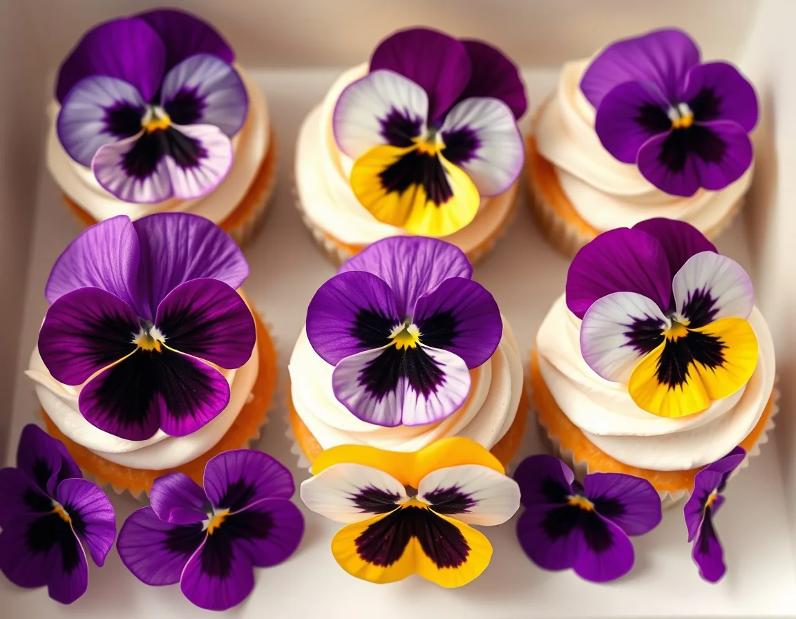 Macarons and petit fours with purple white yellow and lavender edible pansies
