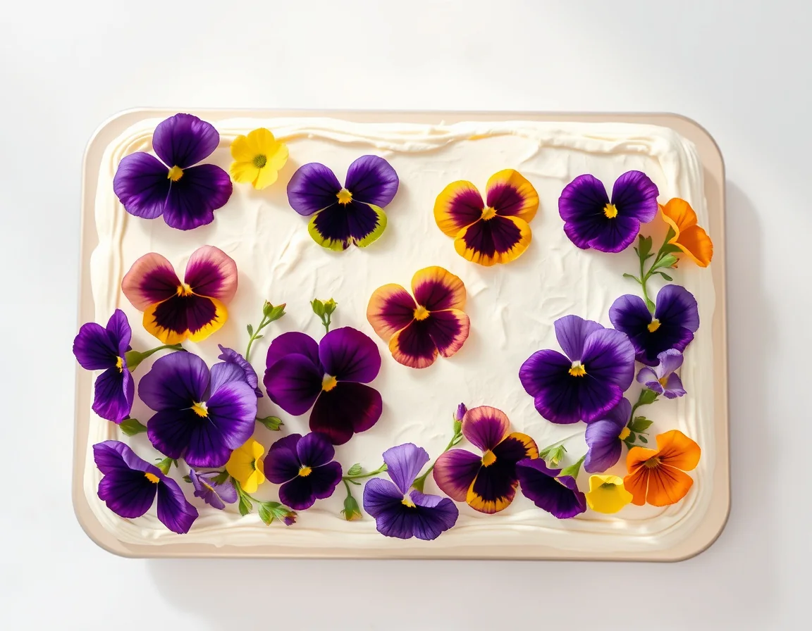 Sheet cake with edible pansies in many colors