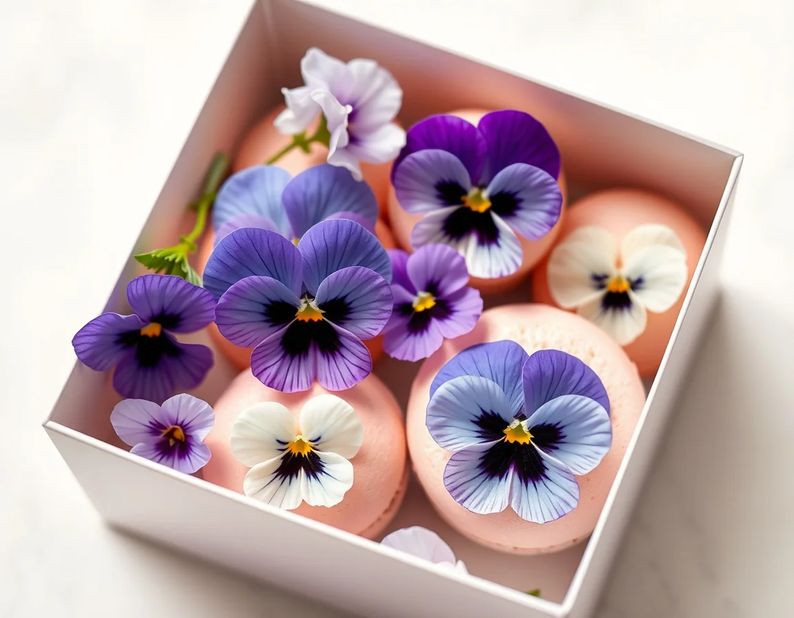Pastel cookies topped with edible pansies and violas