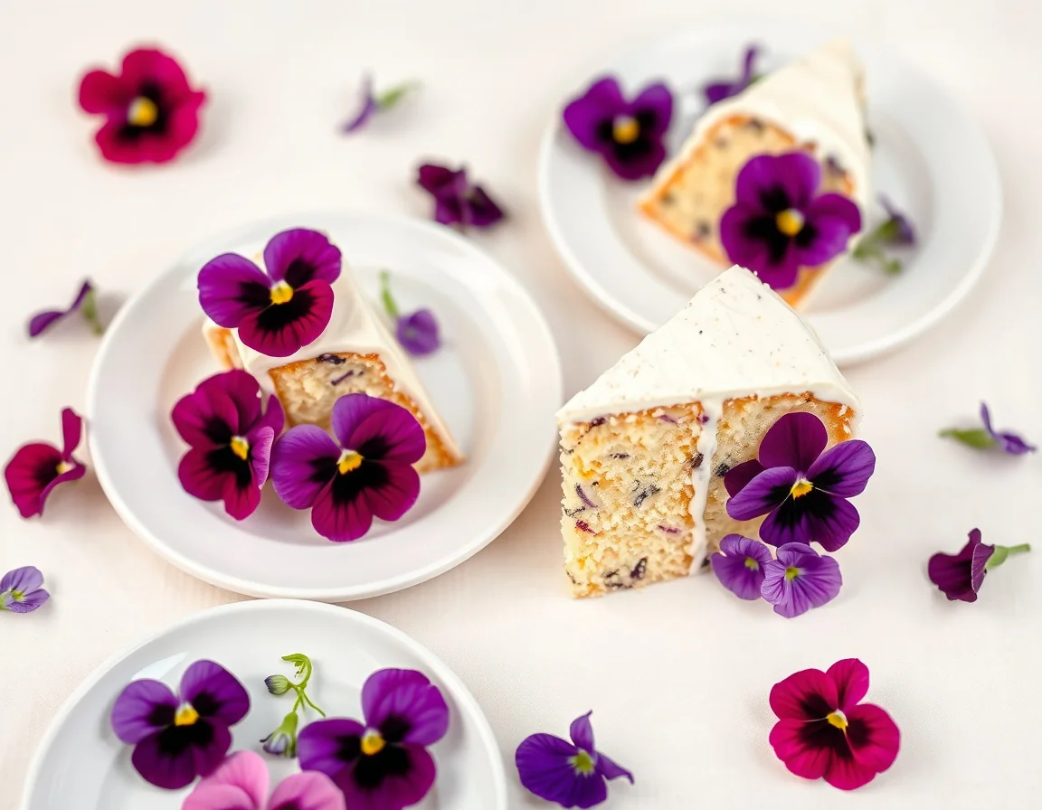 Mini dessert table with cakes and edible pansy accents