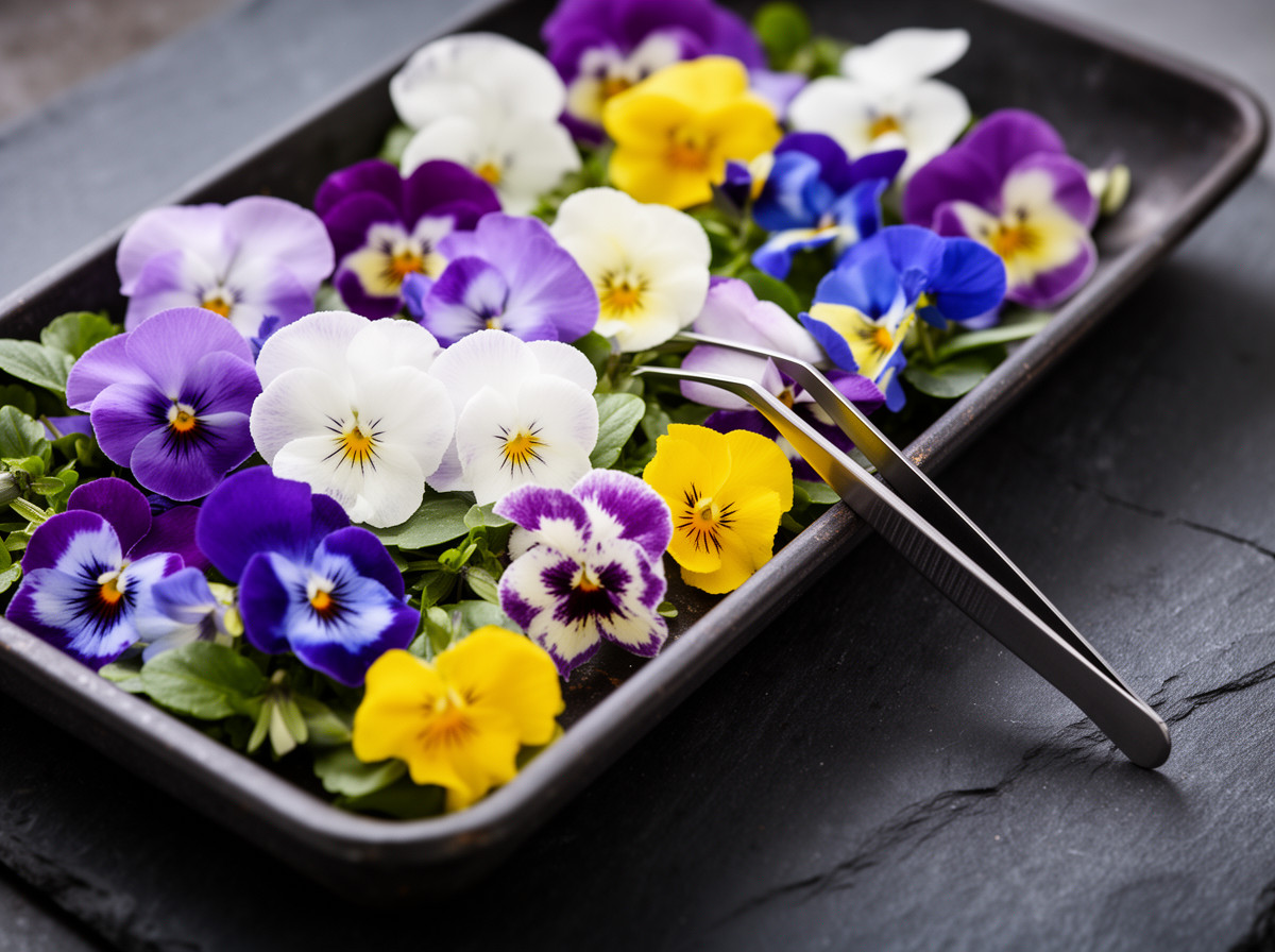 Purple, white, yellow, and blue edible pansies in a chef tray