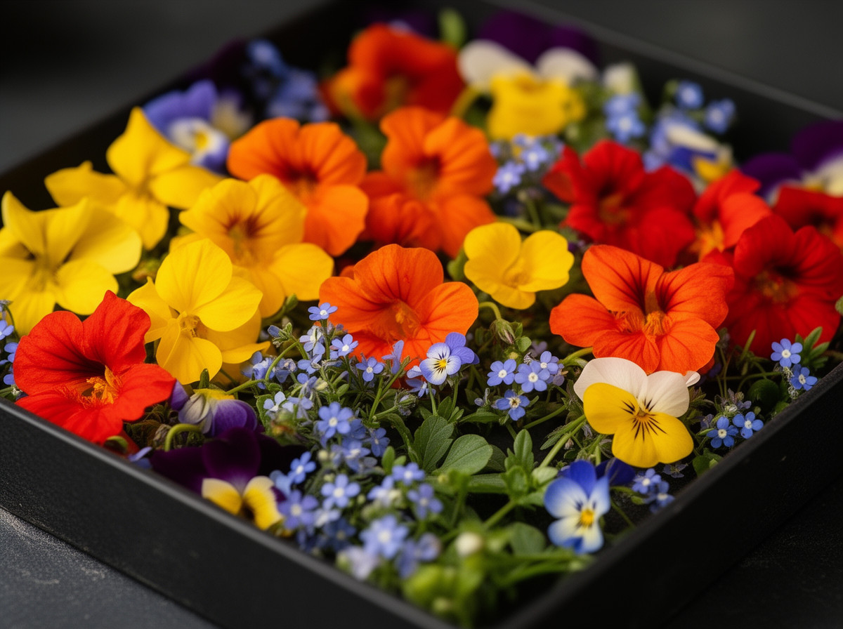 Warm edible flower palette with yellow, orange, red, and blue accents