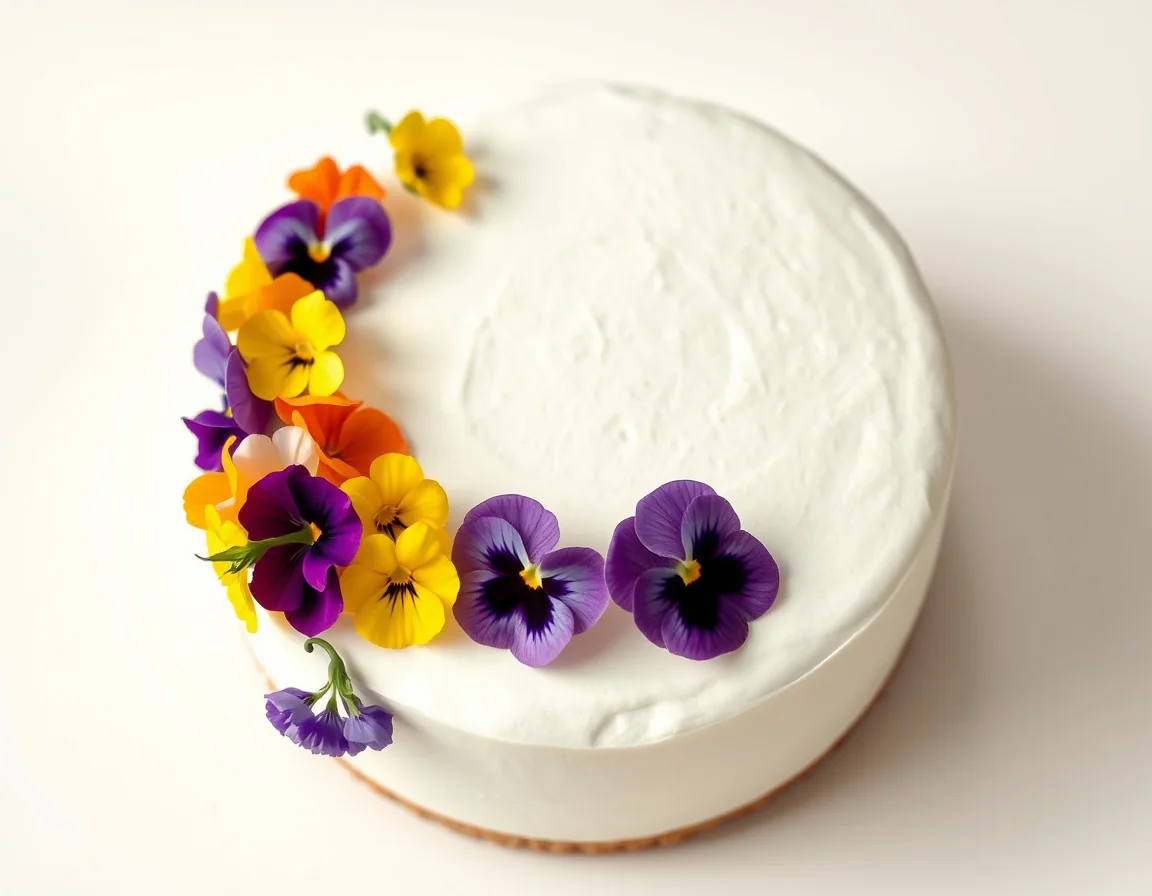 White buttercream cake with a diagonal edible pansy color cluster