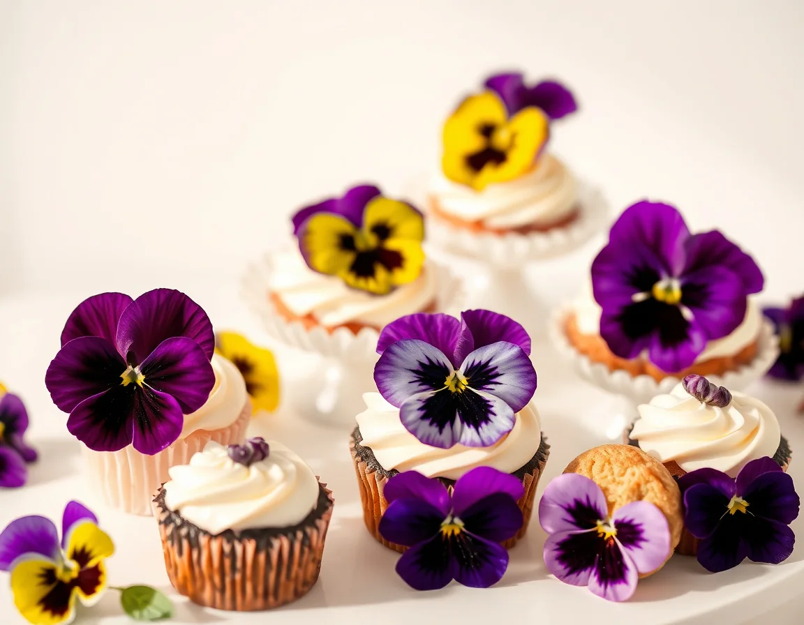 Cupcakes with edible pansy color choices