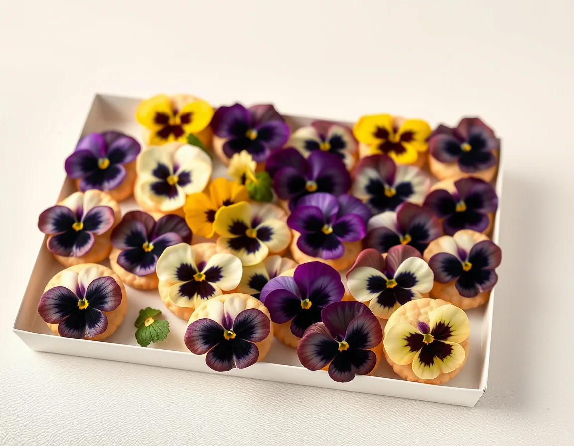 Dessert box filled with many edible pansy colors