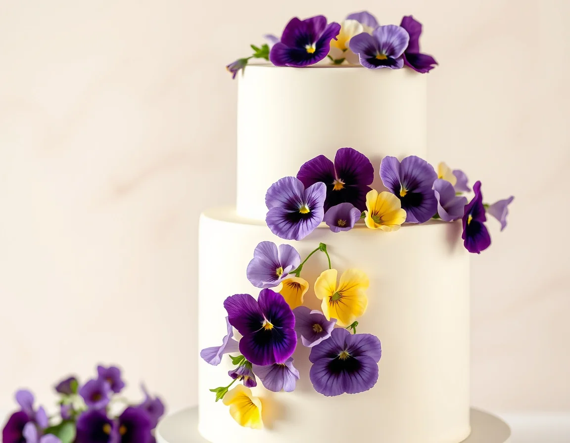 Two-tier white cake with yellow purple and lavender edible pansies