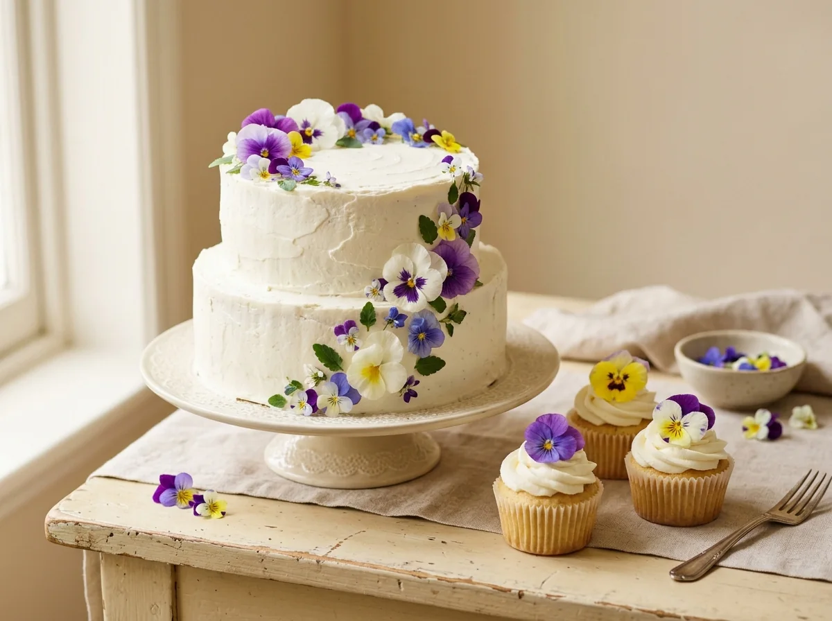 Elegant cake and cupcakes decorated with edible pansies and violas